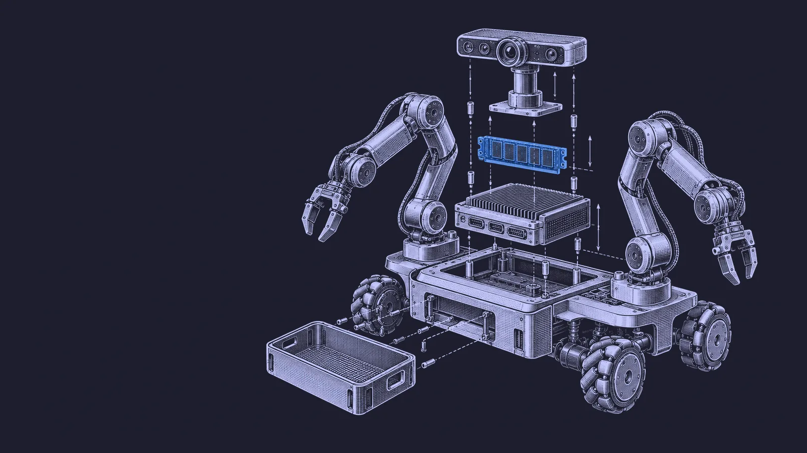 Conceptual engraving: an exploded robot task station links remembered scene state to the next physical action.
