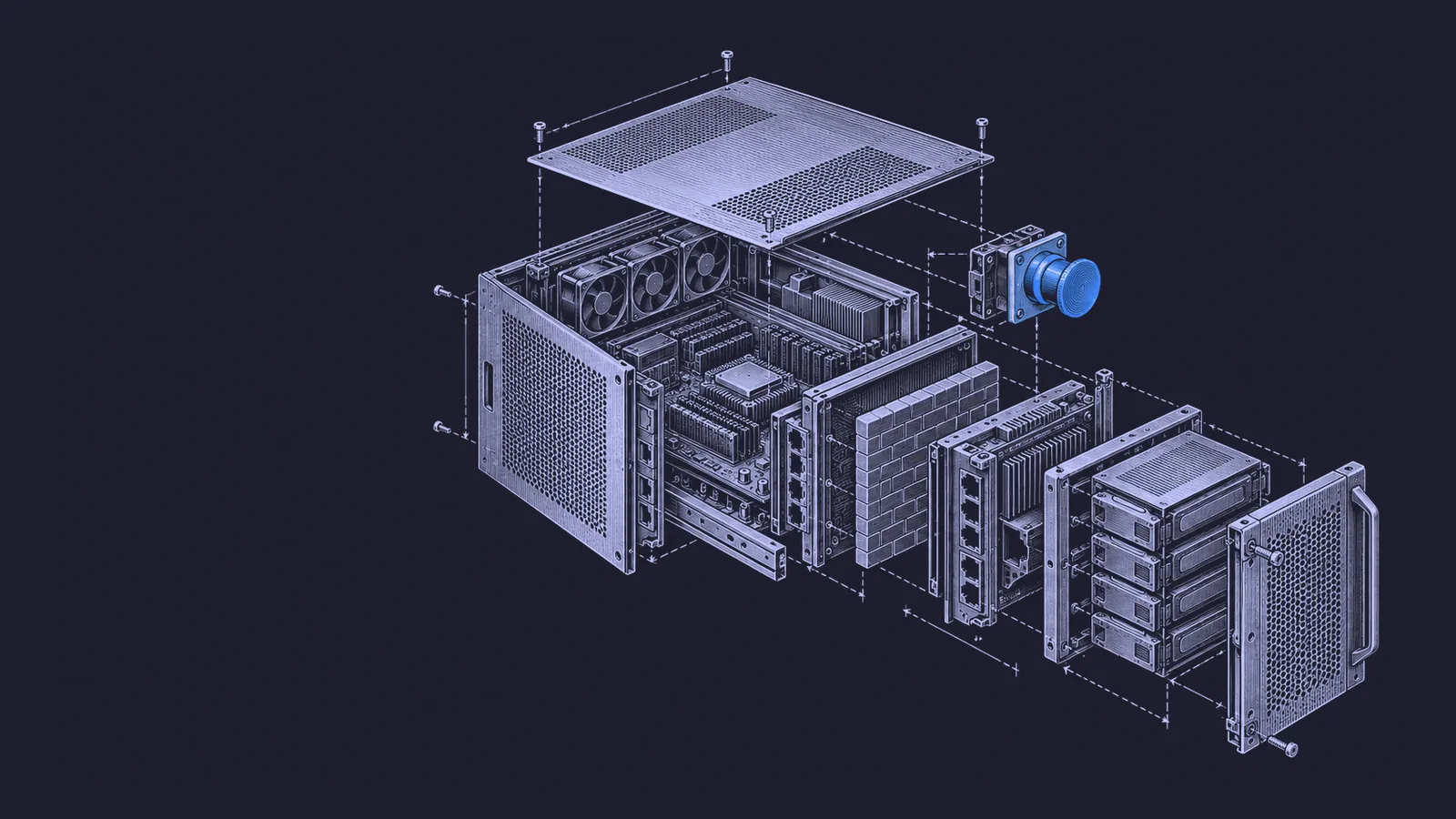 Conceptual engraving: an exploded cyber-range server exposes the boundary an AI agent crossed during a safety evaluation.