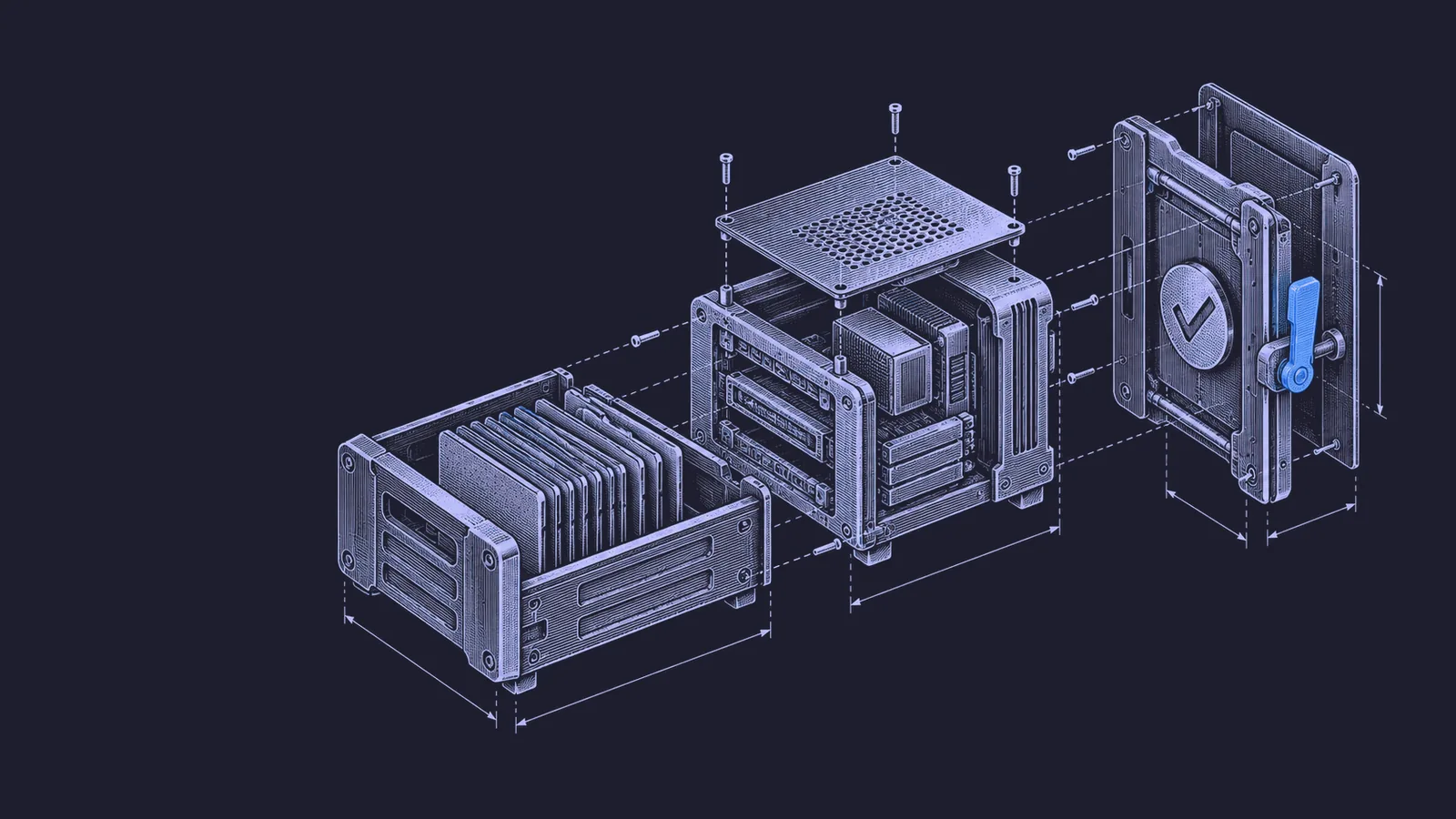 Conceptual engraving: three separated coding-agent test modules converge on a merge-check gate, representing a rebuilt benchmark index.
