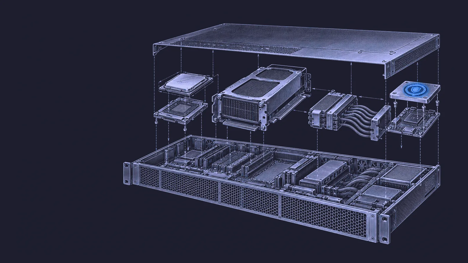 Conceptual engraving: a confidential inference server opened into CPU, GPU, encrypted link and attestation components.
