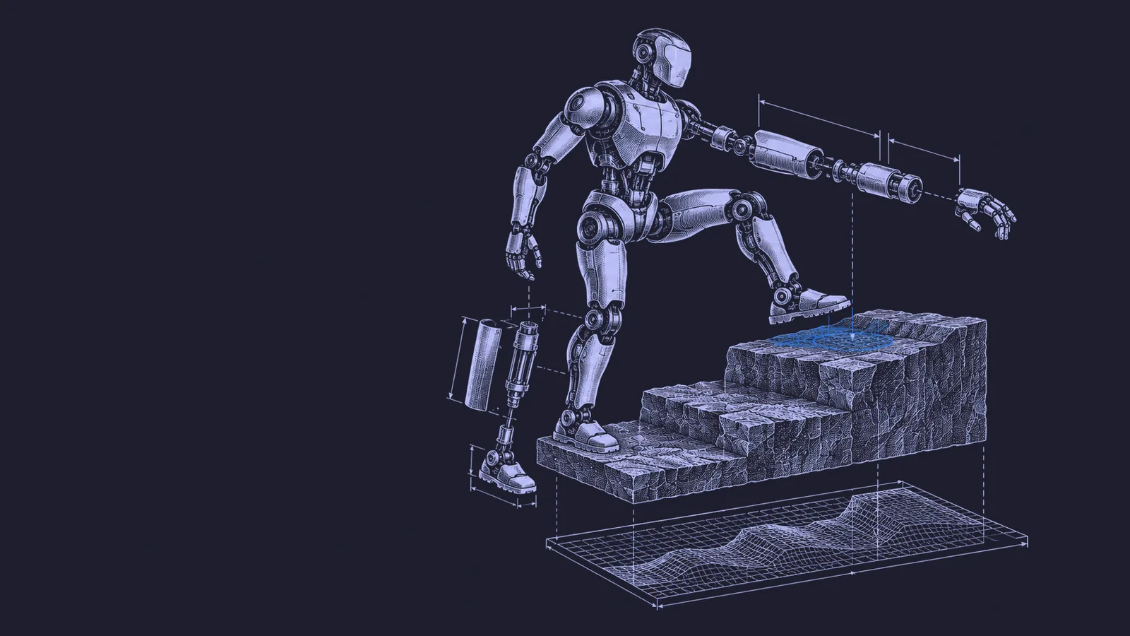 Conceptual engraving: a partly exploded humanoid robot climbing rough steps above a terrain height-map grid, its next foot contact marked in blue.