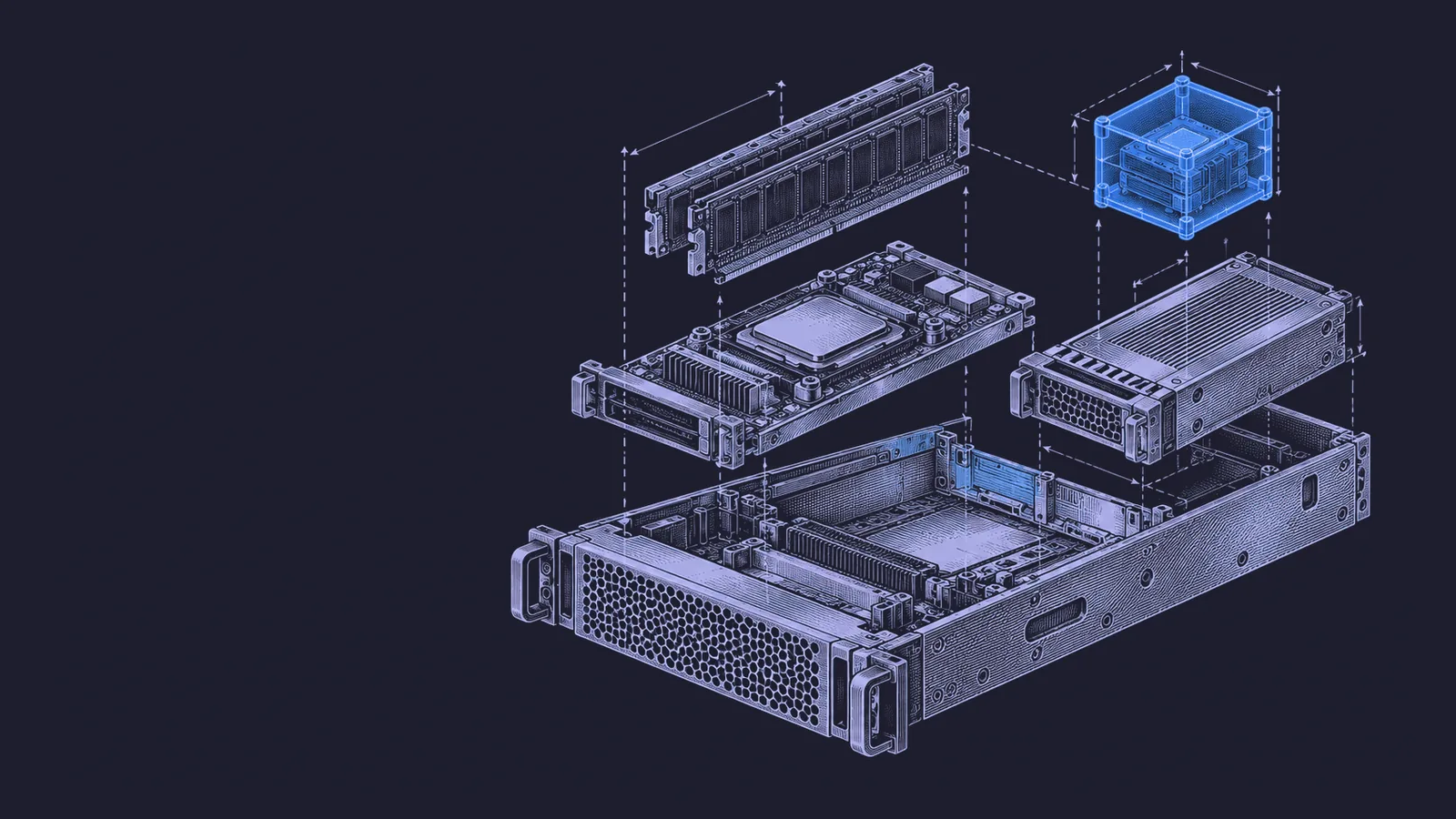 Conceptual engraving: an exploded server isolates one agent workspace inside a dedicated microVM capsule.