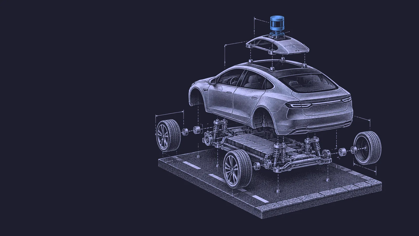 Conceptual engraving: an exploded driverless sedan with body, battery chassis and wheels apart above a road tile, its roof lidar in blue.