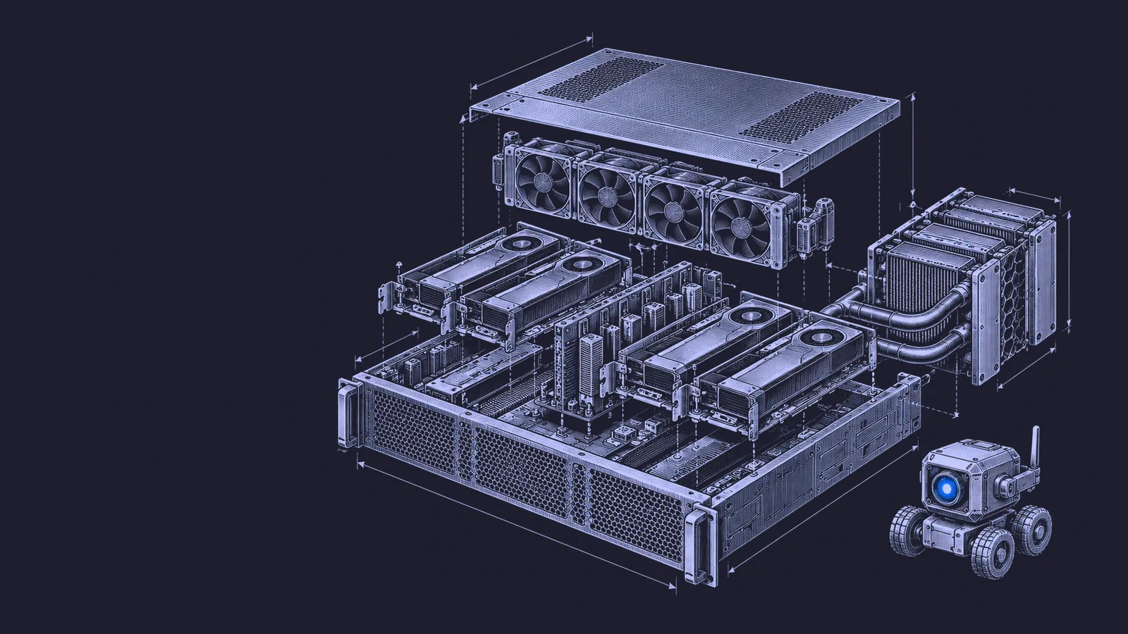 Conceptual engraving: an exploded multi-GPU server beside a small agent glyph, representing the training stack behind an open-weight CLI model.