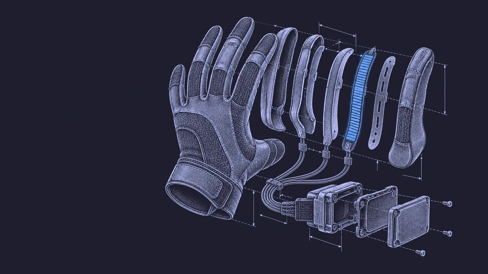 Conceptual engraving: an exploded sensor glove captures force and touch for robot-training data.