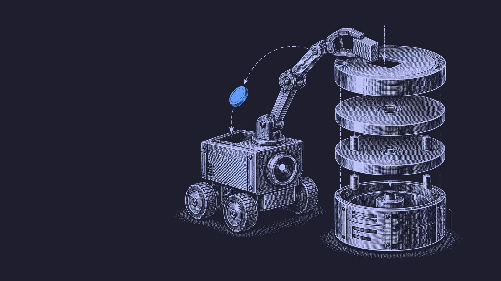 Conceptual engraving: a wheeled agent robot places a block into an exploded database cylinder while a blue reward token arcs back to it.