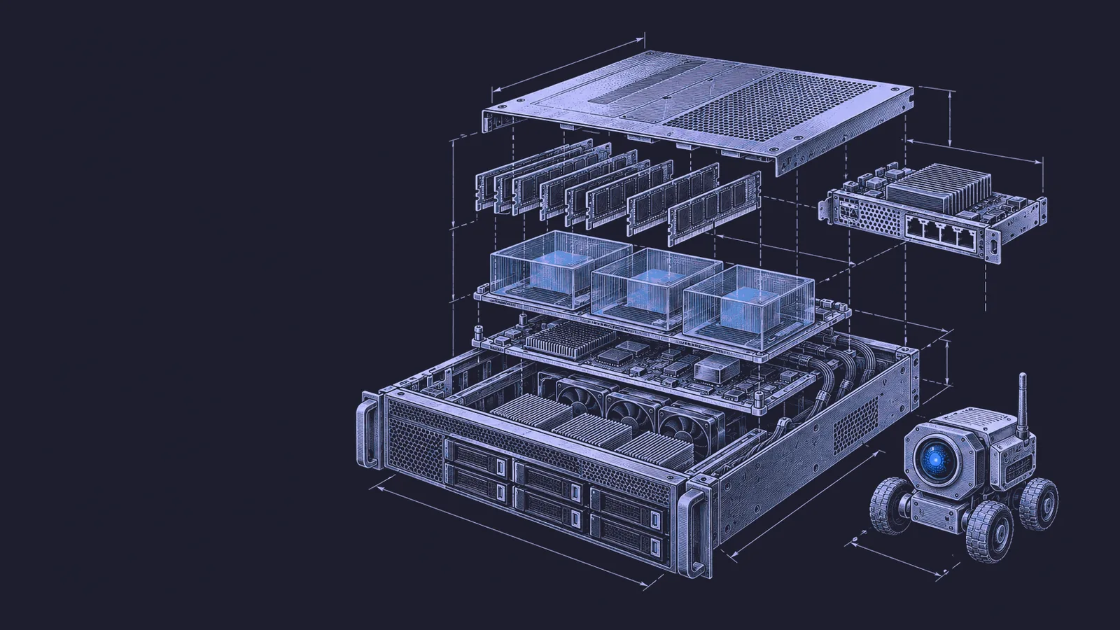 Conceptual engraving: an isolated AI training server opened into sandbox, network and memory layers beside a small agent glyph.