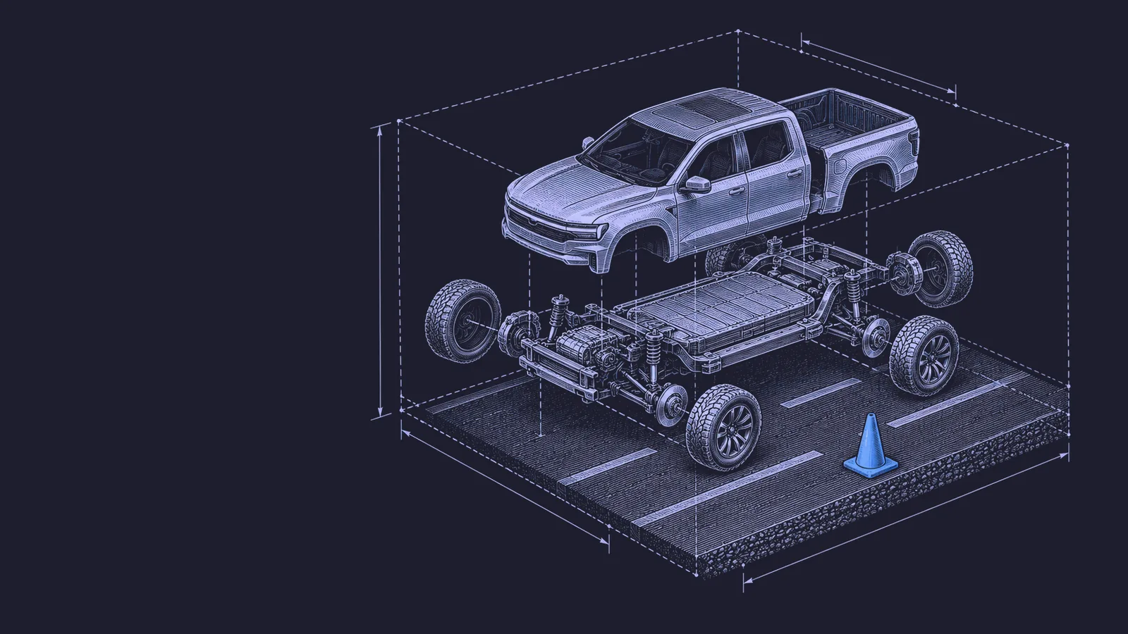 Conceptual engraving: an exploded electric pickup truck on a road inside a dashed simulation volume, with a single blue traffic cone ahead.