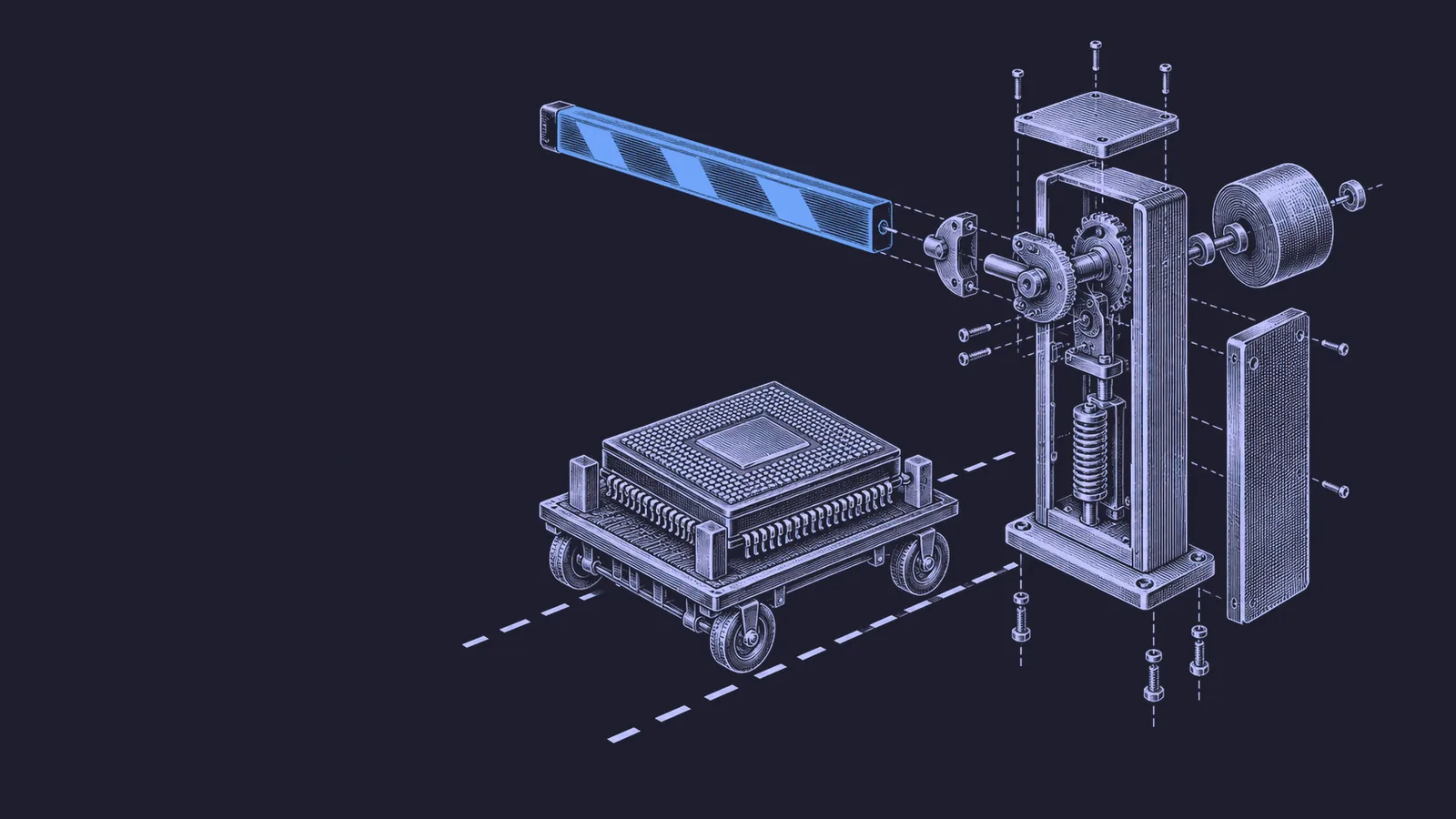 Conceptual engraving: an exploded boom-barrier checkpoint with a blue boom arm, closing the path of a large chip package carried on a cart.