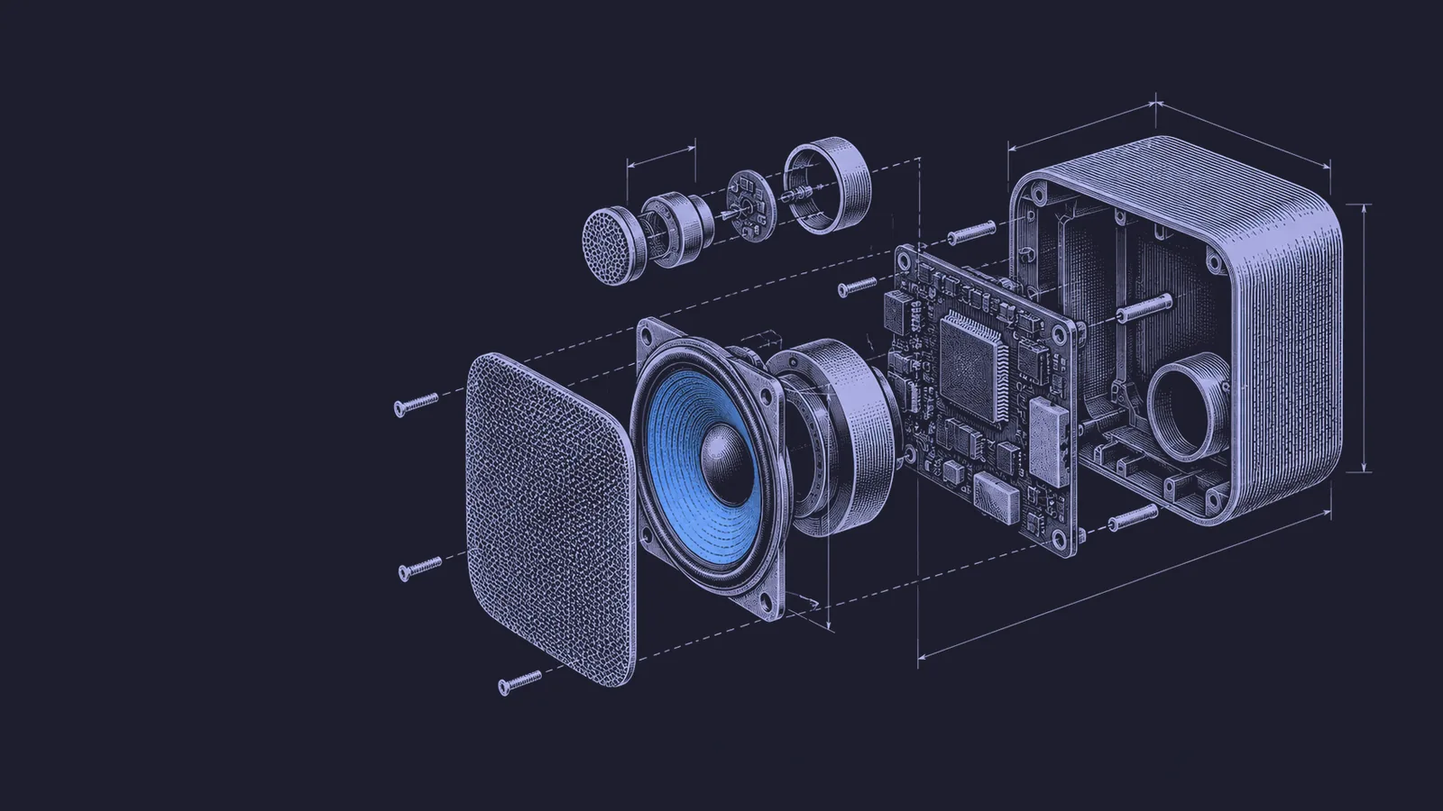 Conceptual engraving: an exploded speech-processing device represents a voice model that listens and speaks without a text pipeline.