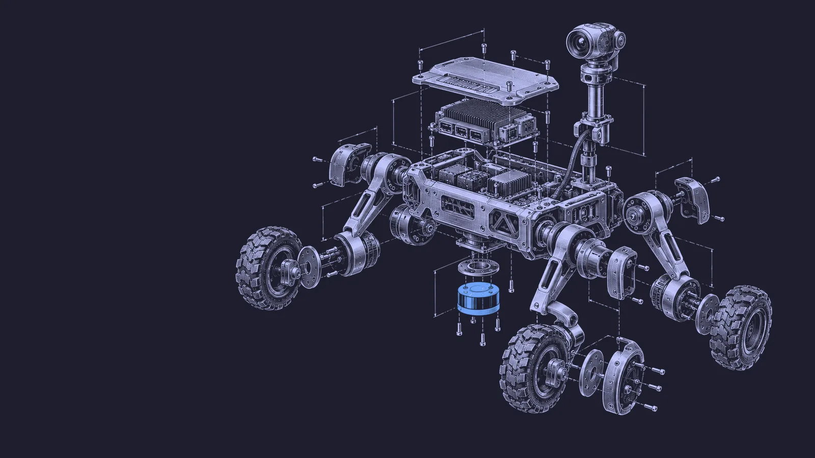 Conceptual engraving: an exploded wheel-legged robot links world modeling, navigation, manipulation and field data.