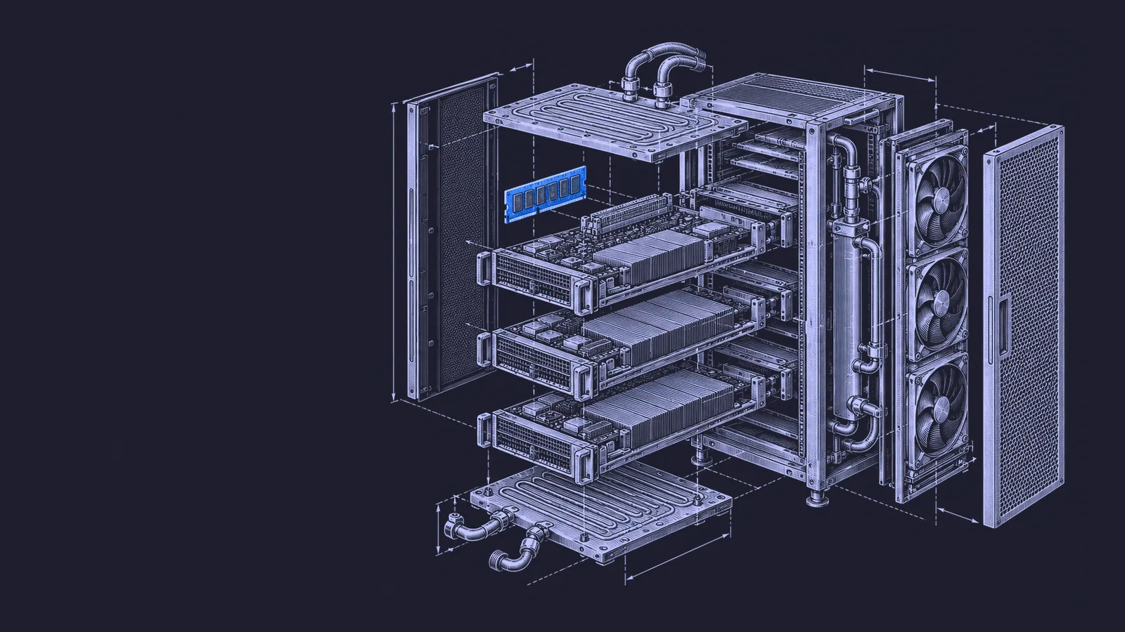 Conceptual engraving: an exploded AI compute cabinet highlights the memory demands of a very large open-weight model.
