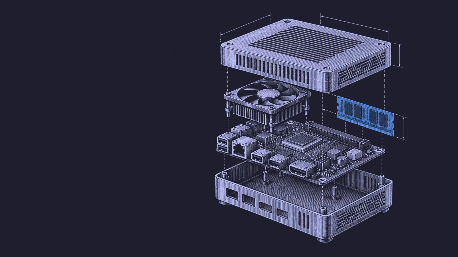 Conceptual engraving: a compact edge computer opens to show the small memory footprint of a local conversational model.