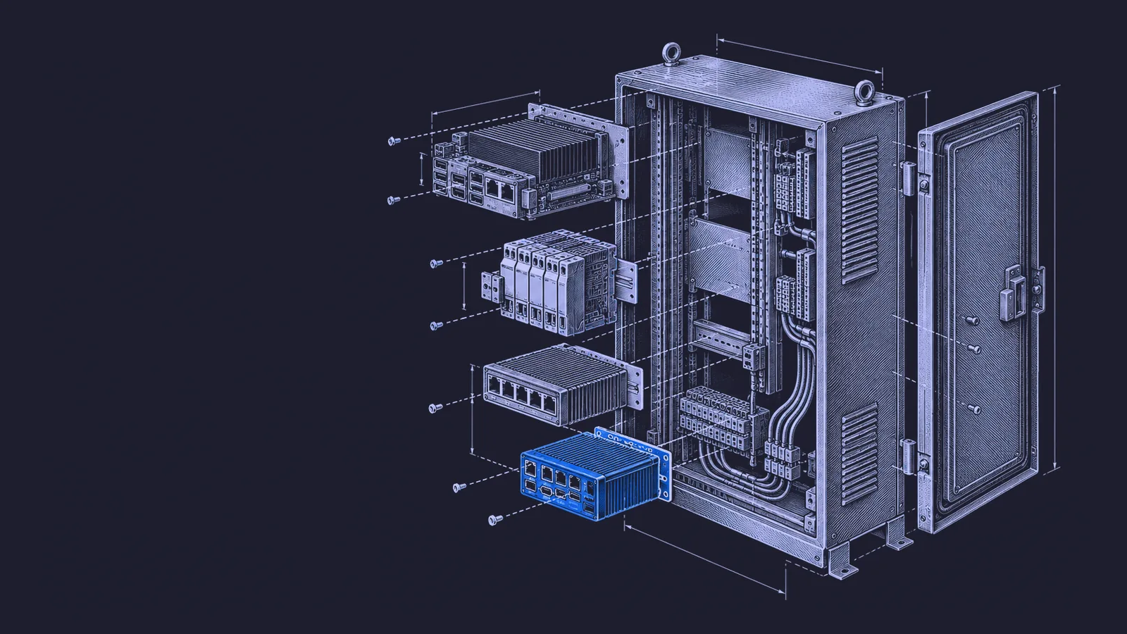 Conceptual engraving: an exploded robot-control cabinet represents the linked training, workflow and fleet-management layers behind deployments.