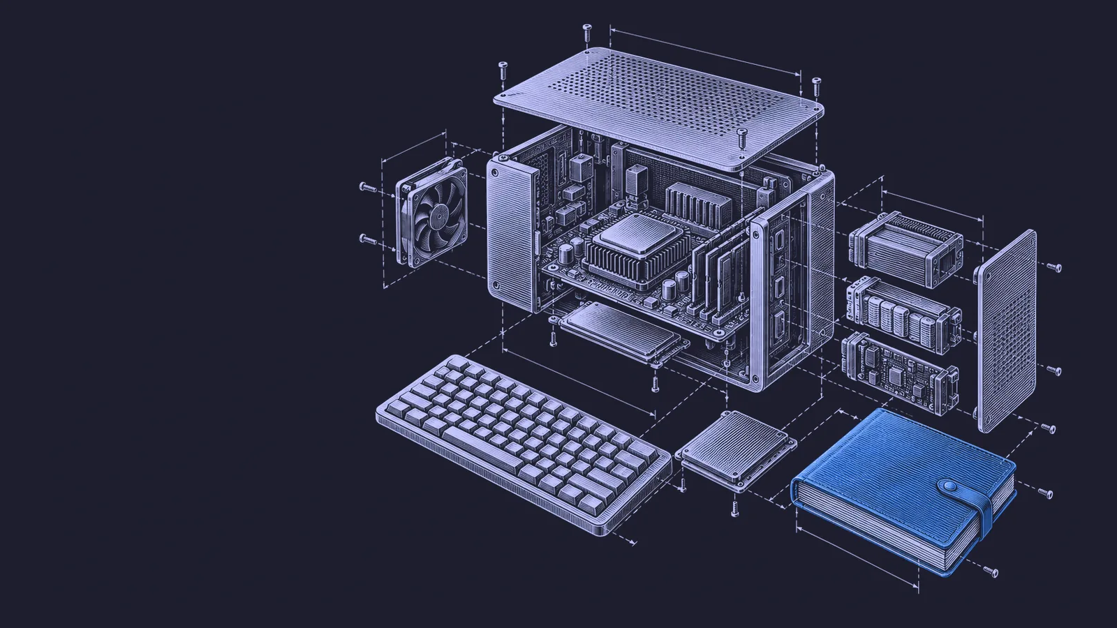 Conceptual engraving: an exploded office workstation represents the search for measurable financial returns from enterprise AI.