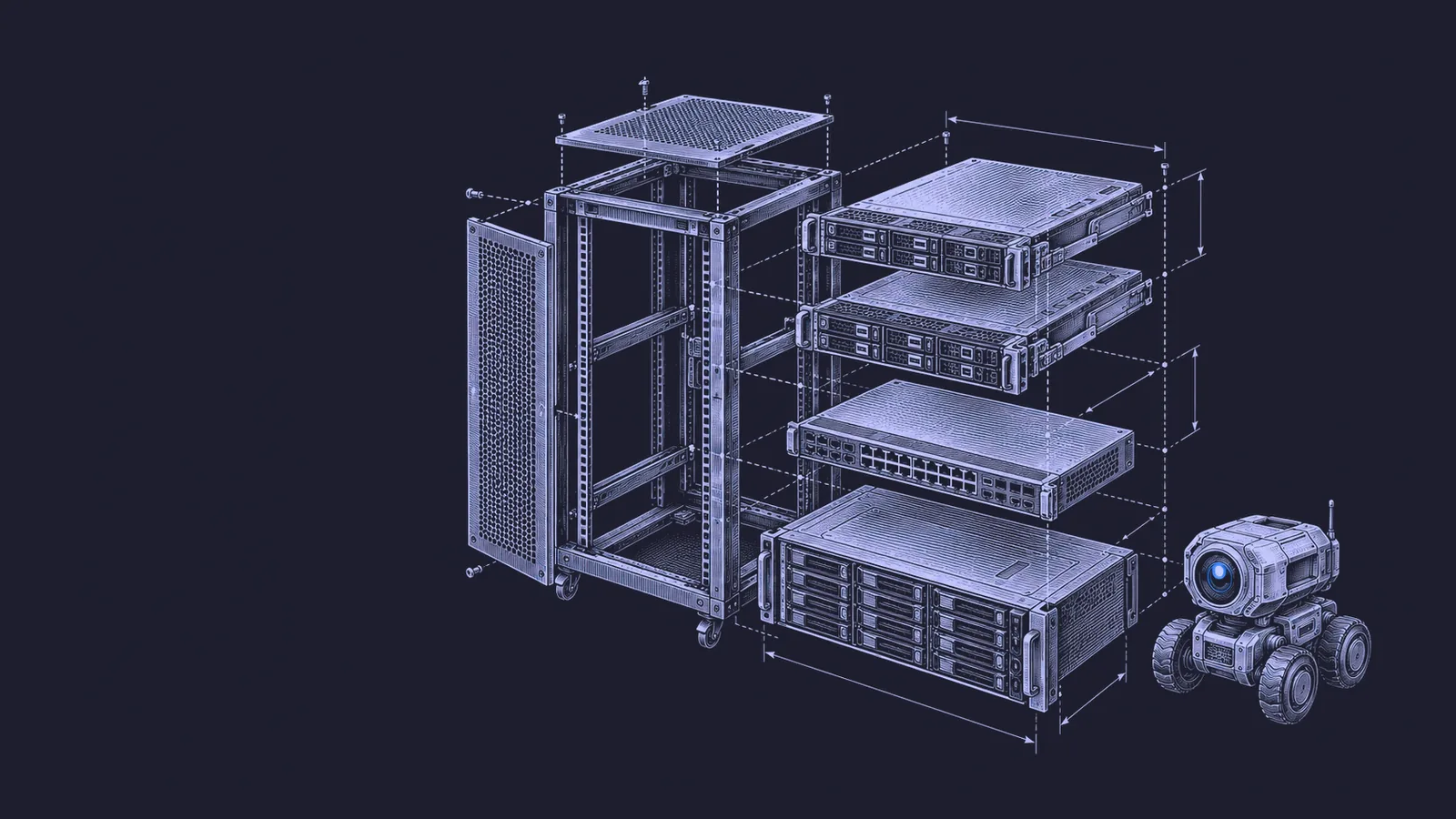 Conceptual engraving: an exploded server rack and agent glyph represent decentralized coordination among many coding agents.