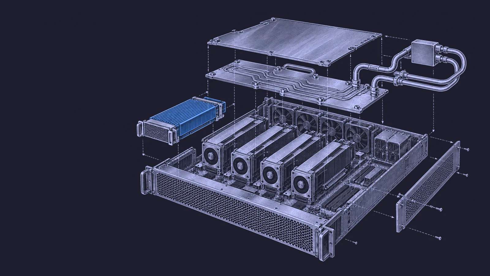 Conceptual engraving: an exploded inference server surrounds a single blue model-weight cartridge, representing a self-hostable open model.