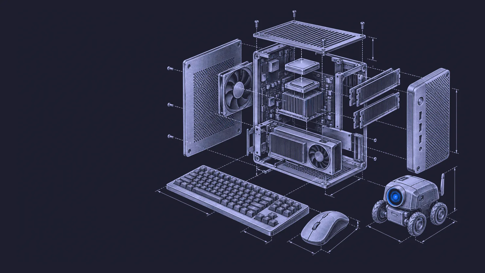 Conceptual engraving: an exploded workstation and a small blue-eyed agent glyph represent a lower-cost model built for computer-use tasks.