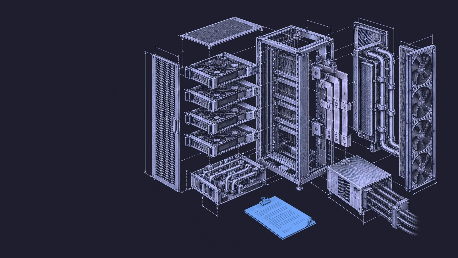 Conceptual engraving: an exploded GPU pod and a single blue lease clip represent SpaceX's planned $40 billion equipment financing.