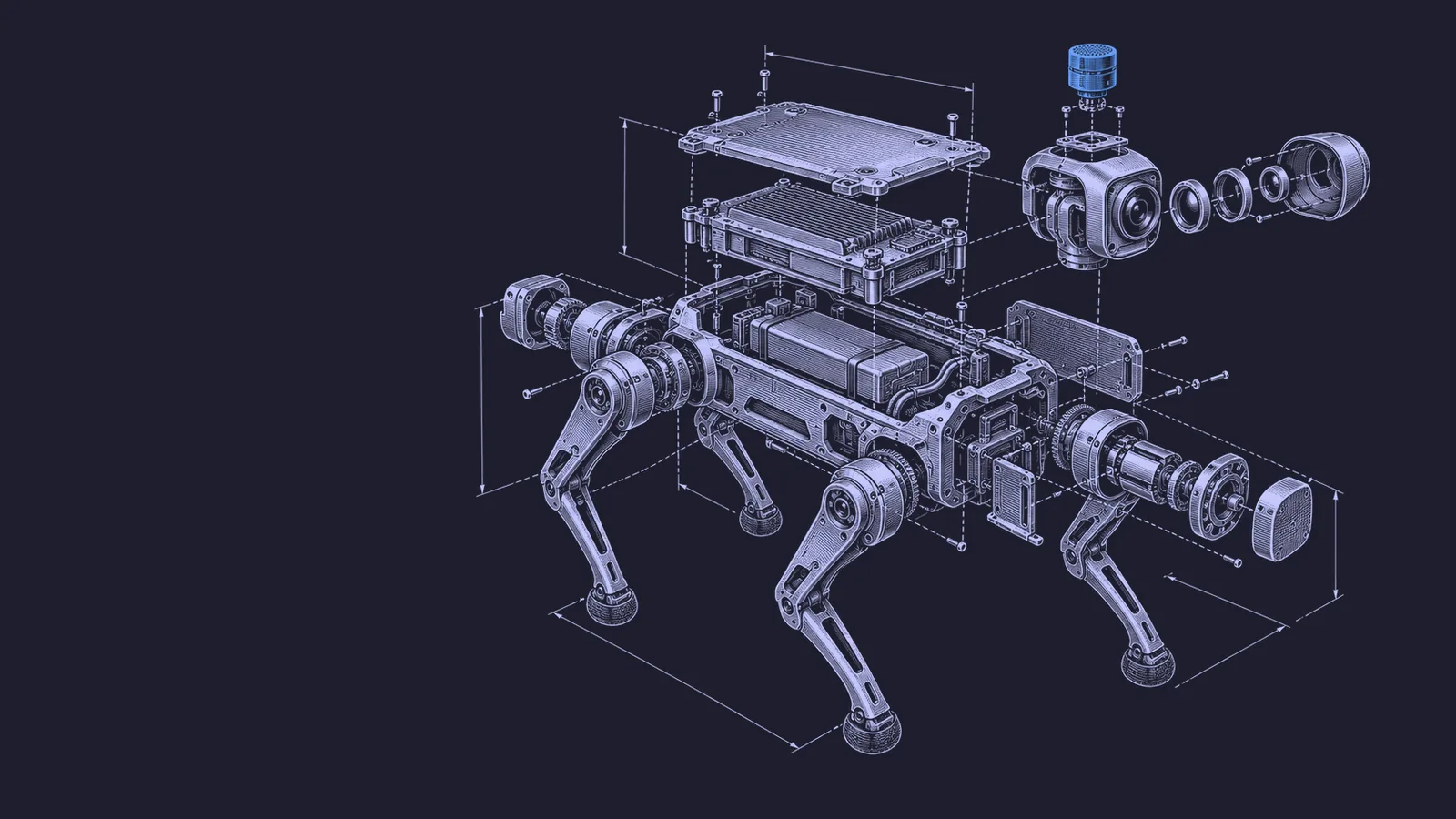 Conceptual engraving: an exploded inspection quadruped with one blue gas sensor represents autonomous work in explosive industrial zones.