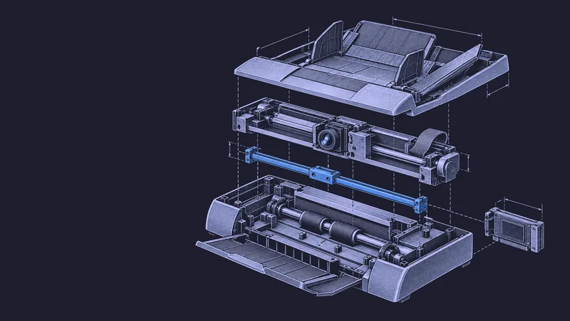 Conceptual engraving: an exploded document scanner with one blue reference rail represents bounded-memory parsing of very long files.