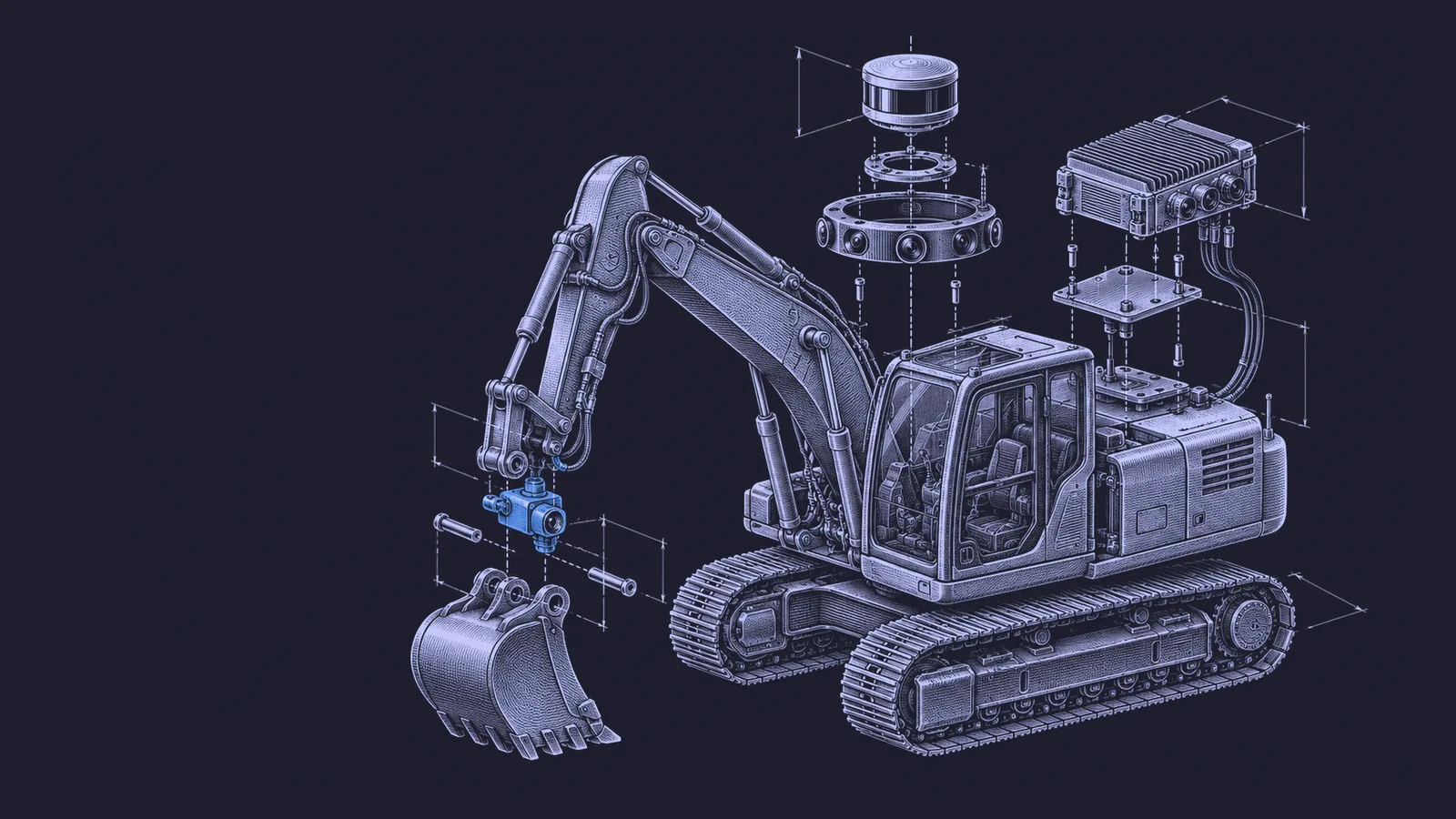 Conceptual engraving: an exploded excavator autonomy kit represents Bedrock's funding to expand construction deployments.