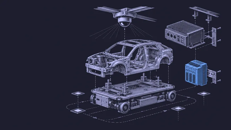 Conceptual engraving: an exploded factory vehicle-transfer system with one blue safety controller represents driverless movement across production plants.