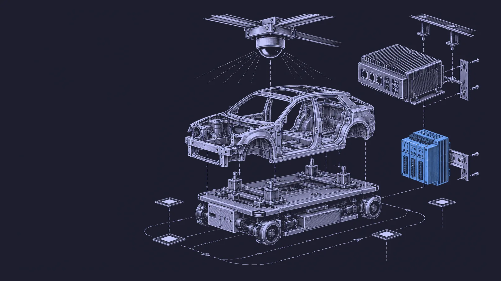 Conceptual engraving: an exploded factory vehicle-transfer system with one blue safety controller represents driverless movement across production plants.