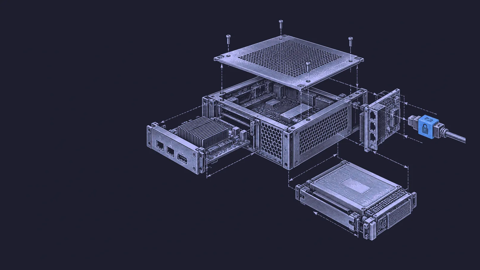 Conceptual engraving: an exploded sandboxed server with a blocked blue network plug represents an agent's prevented outbound action.
