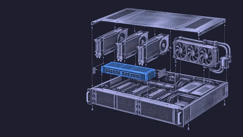 Conceptual engraving: an exploded inference server with one blue workload router represents a cloud built around several accelerator types.
