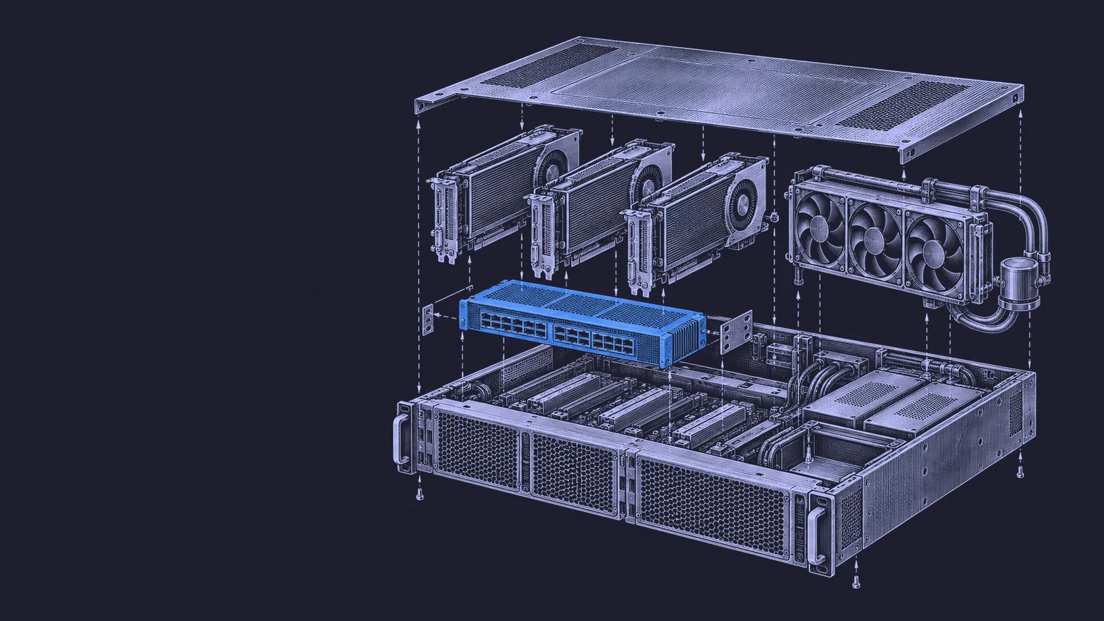 Conceptual engraving: an exploded inference server with one blue workload router represents a cloud built around several accelerator types.