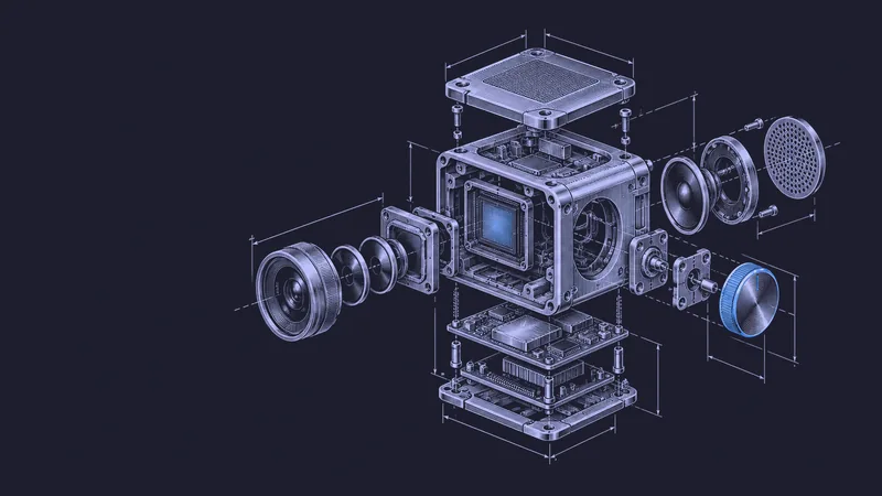 Conceptual engraving: an exploded simulation engine with one blue steering dial represents a world model that can be changed while it runs.