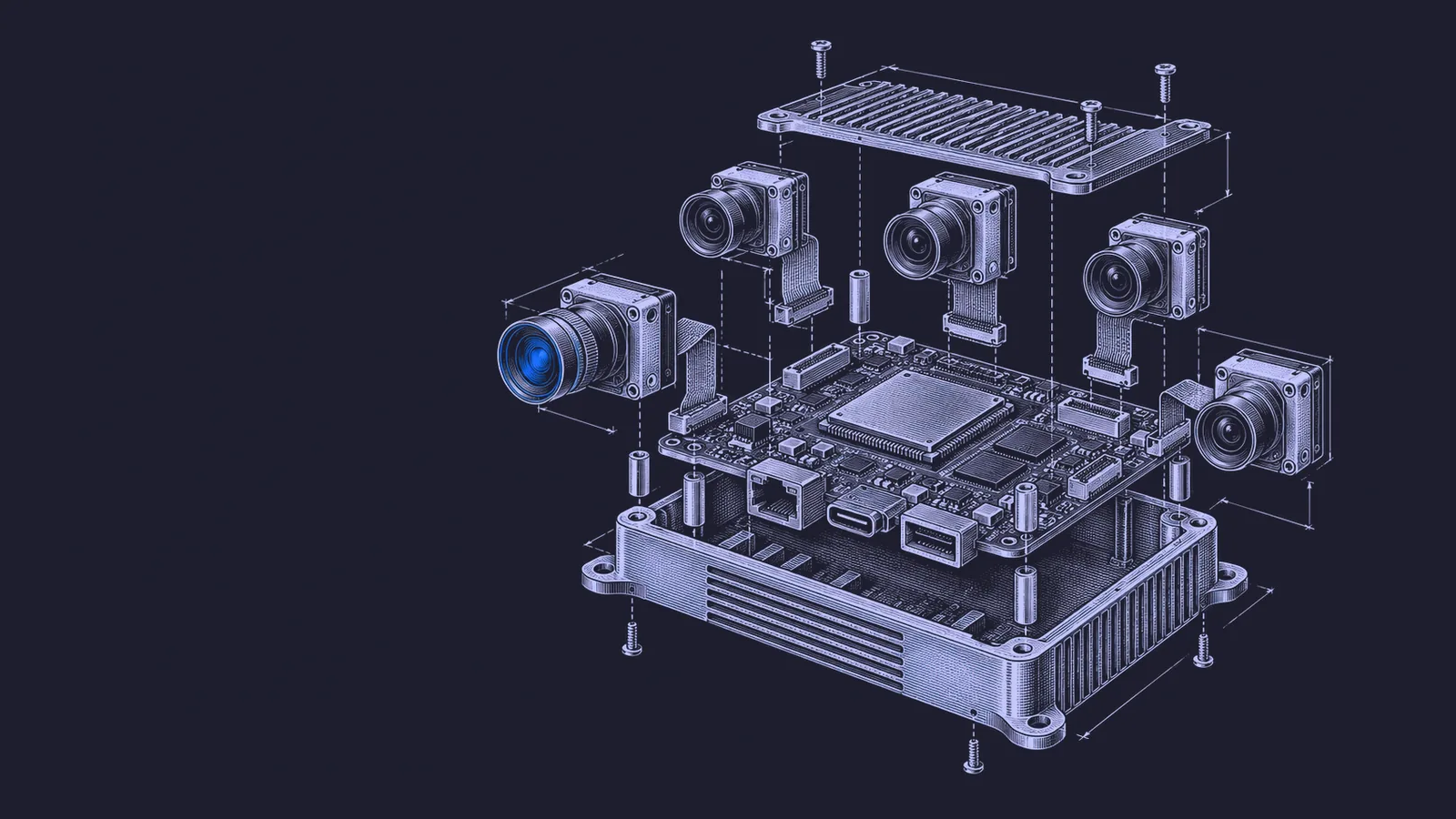 Conceptual engraving: an exploded robot vision board with one blue lens represents synchronized multi-camera depth and edge AI.