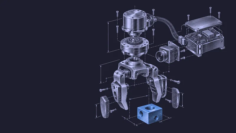 Conceptual engraving: an exploded robot gripper with one blue object represents learning a new physical task from a single demonstration.