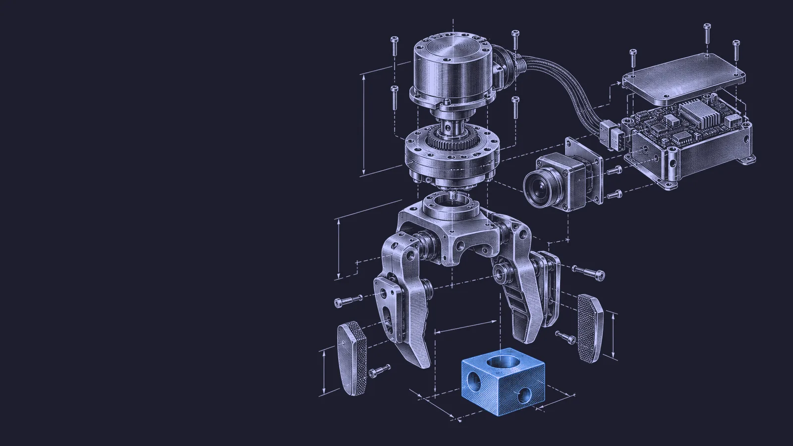Conceptual engraving: an exploded robot gripper with one blue object represents learning a new physical task from a single demonstration.
