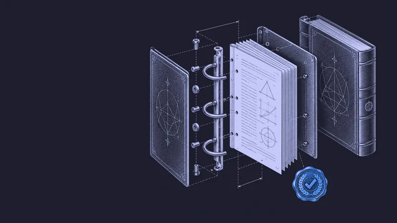 Conceptual engraving: three exploded proof binders and one blue verification seal represent research claims awaiting expert scrutiny.