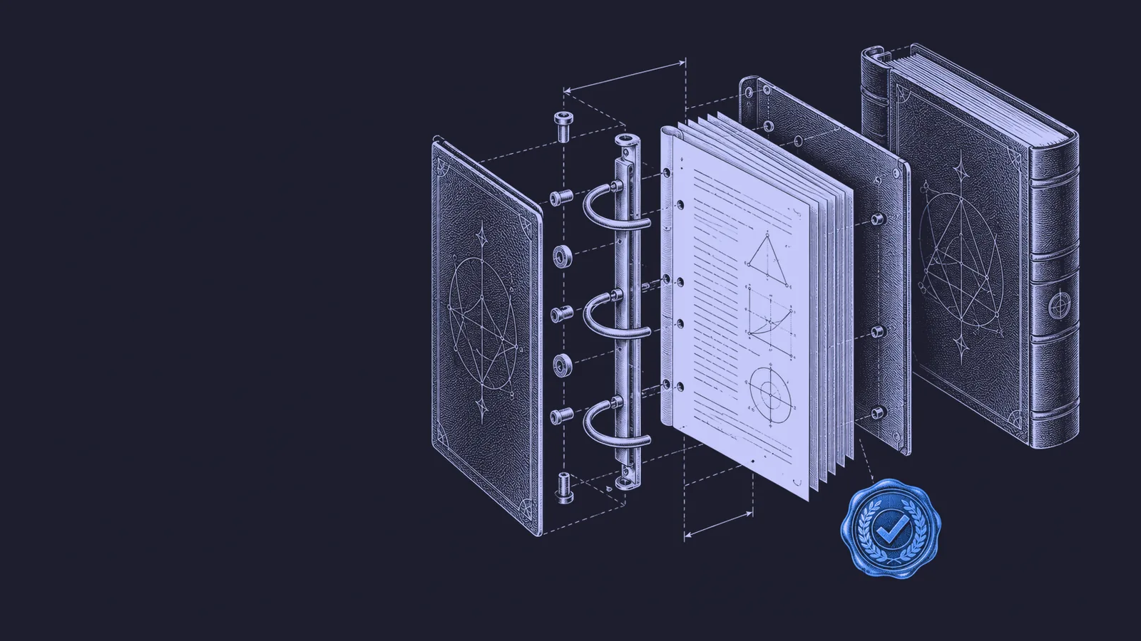 Conceptual engraving: three exploded proof binders and one blue verification seal represent research claims awaiting expert scrutiny.