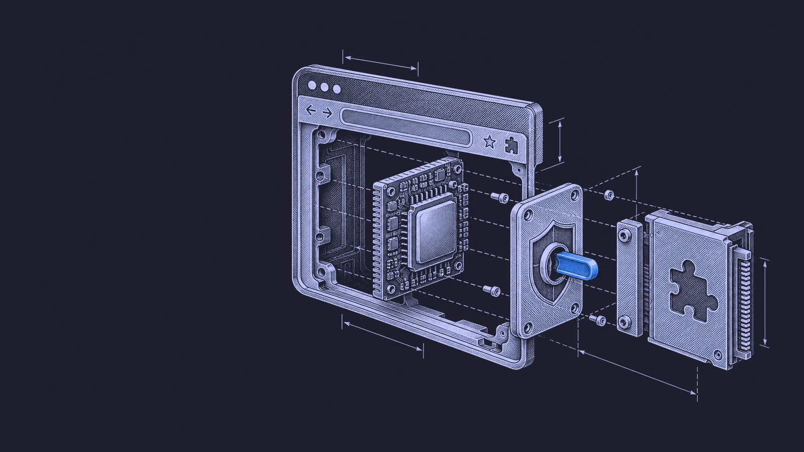 Conceptual engraving: an exploded browser with one blue permission latch represents websites using AI models that run locally on the device.