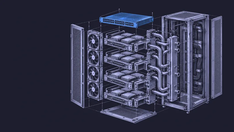 Conceptual engraving: an exploded accelerator rack with one blue interconnect switch represents Google TPUs moving into Oracle Cloud.