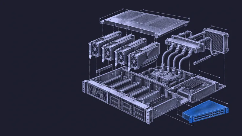 Conceptual engraving: an exploded GPU server with one blue routing switch represents software that allocates inference workloads efficiently.