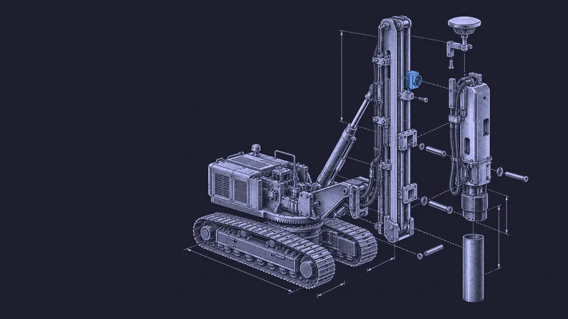 Conceptual engraving: an exploded autonomous pile driver with one blue alignment sensor represents automated solar-site construction.