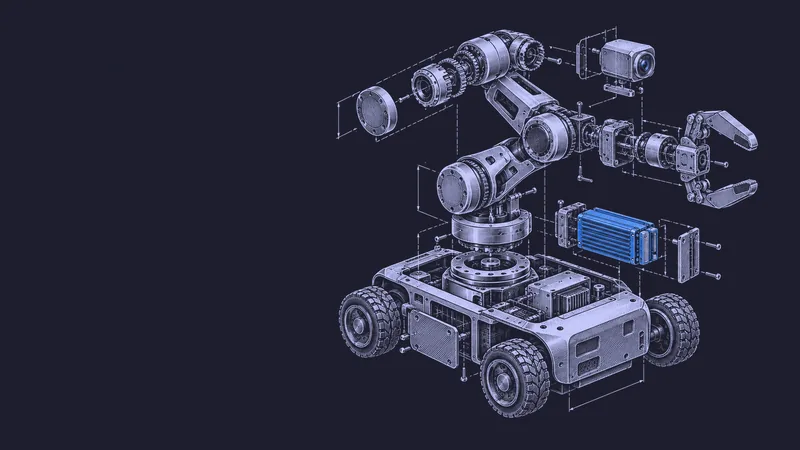 Conceptual engraving: an exploded robot with one blue memory unit represents learning from task failures after deployment.
