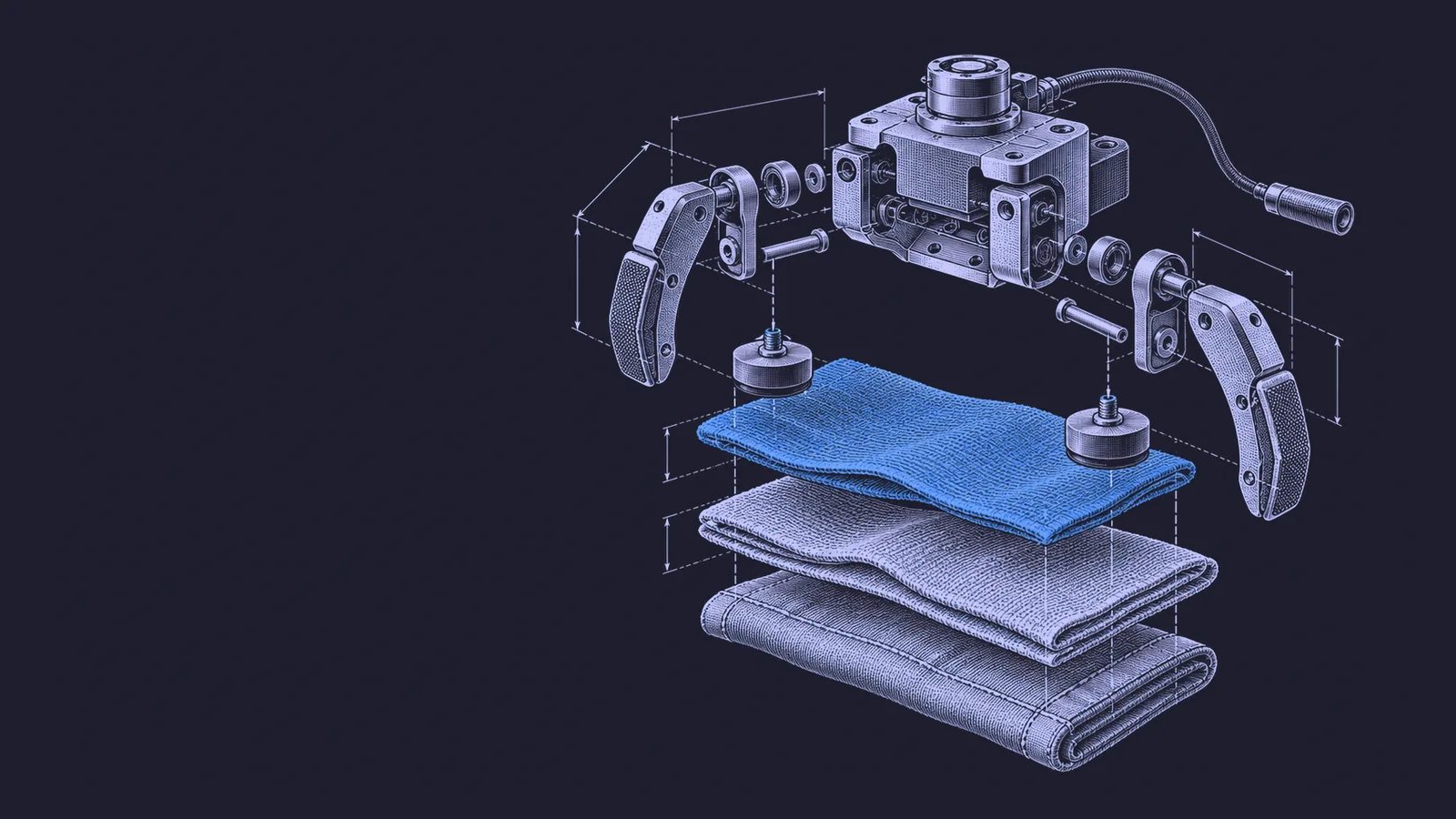 Conceptual engraving: an exploded gripper and layered fabric represent simulation of deformable objects for robot training.