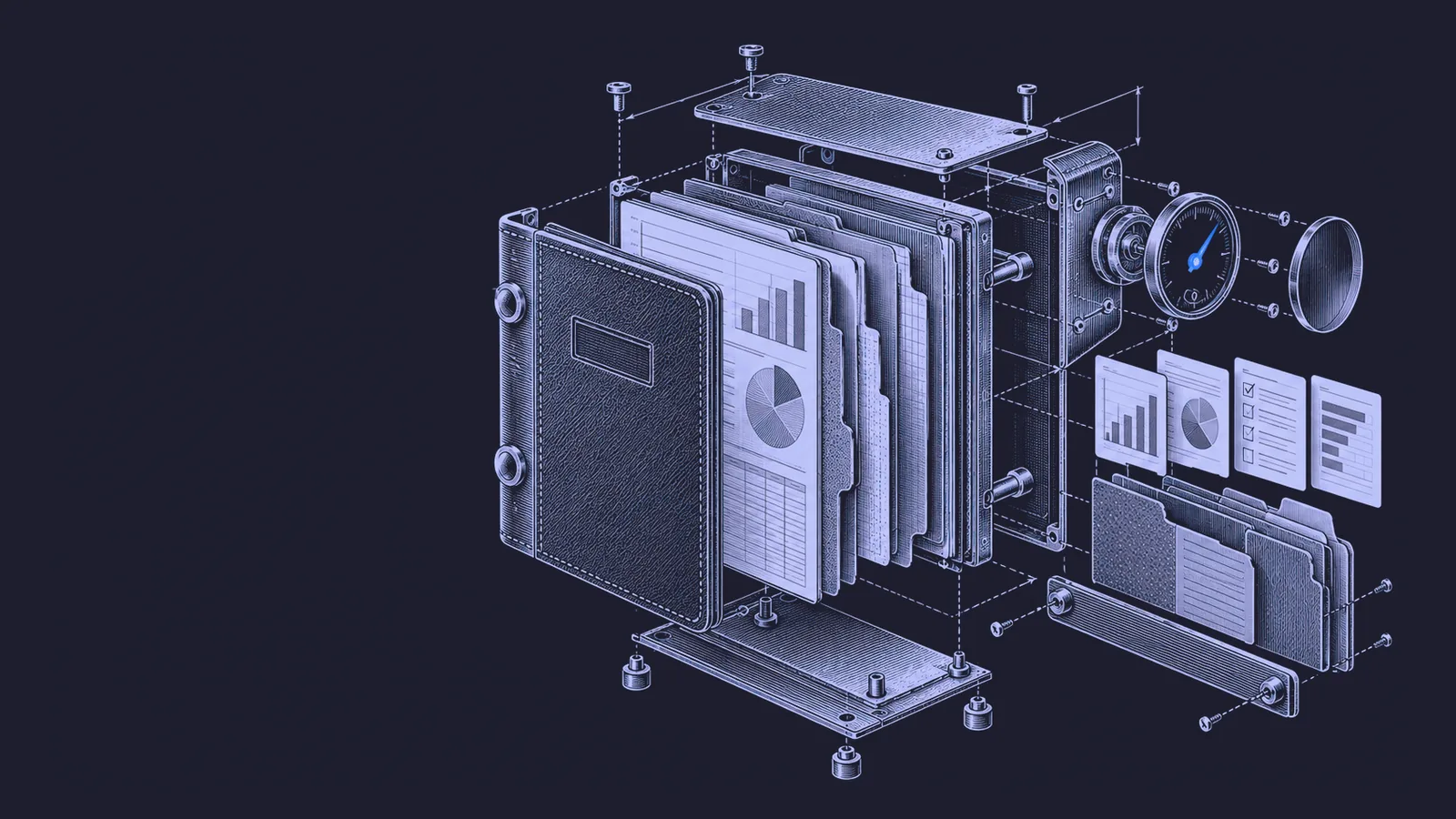 Conceptual engraving: an exploded enterprise ledger with one blue gauge needle represents AI usage reports, surveys and shared budgets.