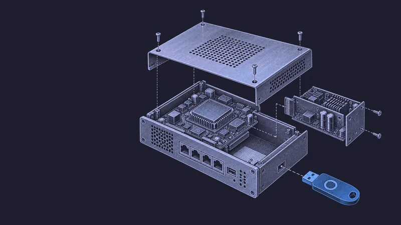 Conceptual engraving: an exploded API gateway with one blue access key represents discounted, metered government access to Claude.
