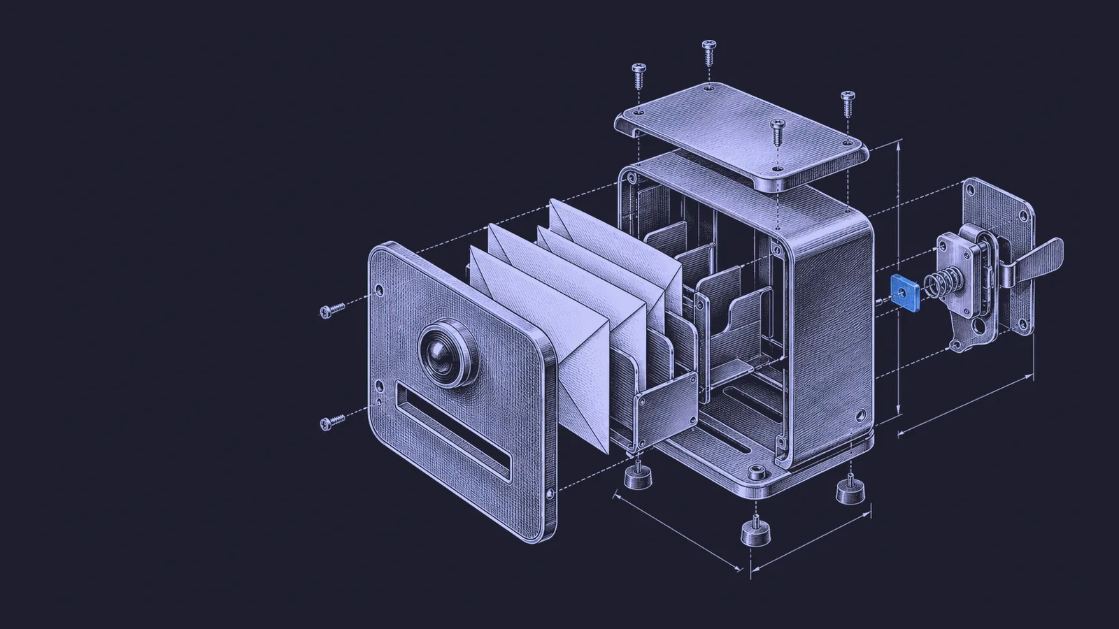 Conceptual engraving: an exploded mail organizer with one blue connector tab represents Gmail details flowing into browser autofill.