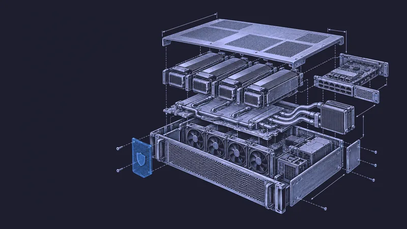 Conceptual engraving: an exploded AI server with one blue security shield represents a frontier model initially restricted to cyber defenders.