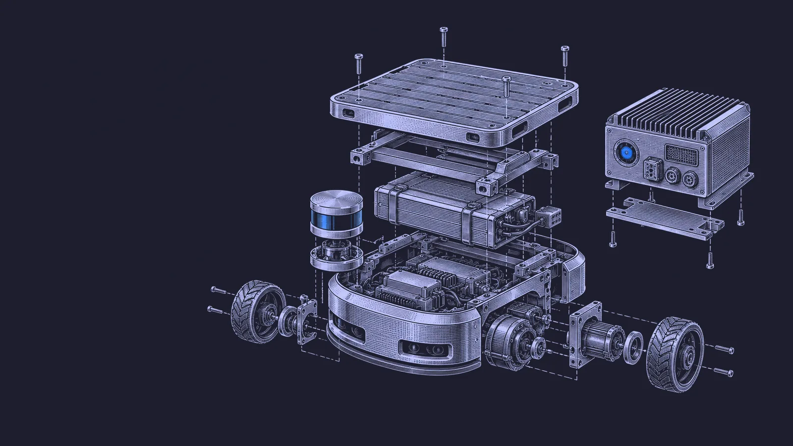 Conceptual engraving: an exploded warehouse robot linked to an enterprise control module, representing software-directed material handling.