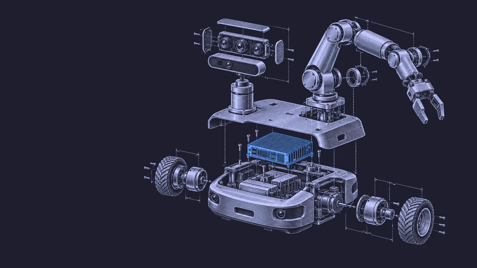 Conceptual engraving: an exploded warehouse robot with one blue compute unit represents KDDI's planned physical-AI deployment stack.