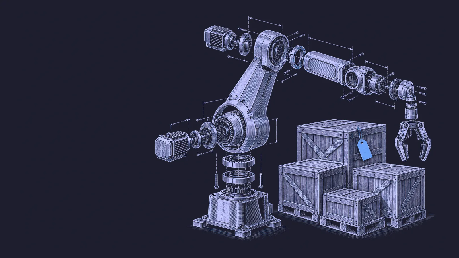 Conceptual engraving: an exploded industrial robot and crates with one blue order tag represent rising North American robot orders.